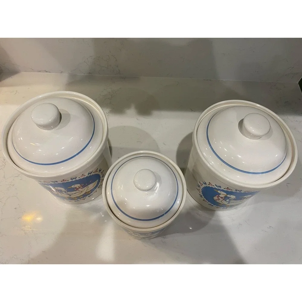 Vintage Ribbon Geese Treasure Craft USA Canister Set 3 Ceramic Farmhouse Country